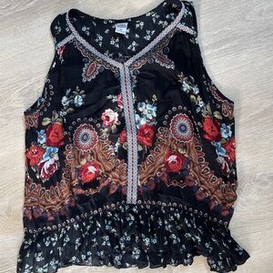 Bila Women's Top Sleeveless Floral Gauzy Tank Top Boho Floral Black Size Med